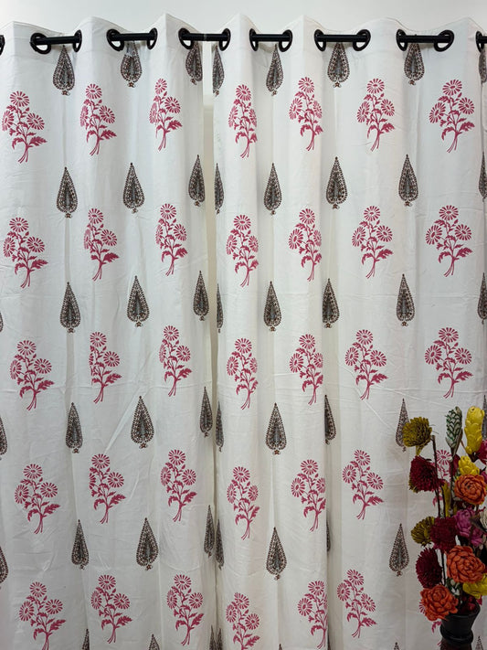 Pink Essence & Leaf Cotton Curtains 9ft Set(2pcs)