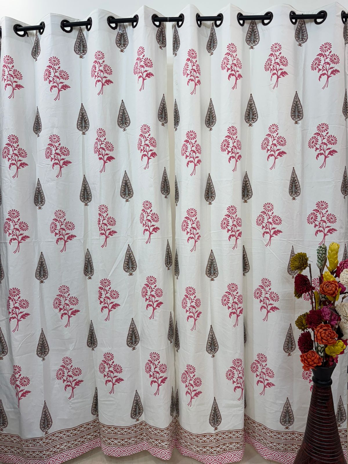 Pink Essence & Leaf Cotton Curtains 9ft Set(2pcs)