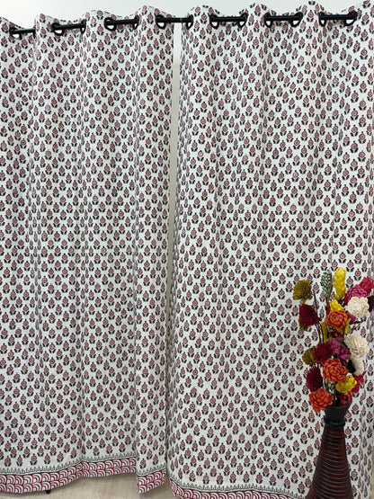 Pink Green Booti Cotton Curtains 9ft Set(2pcs)