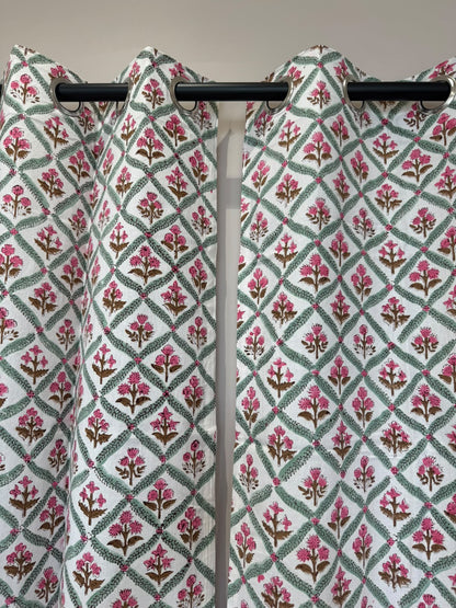 Block Printed Cotton Curtains 9ft Set(2pcs)