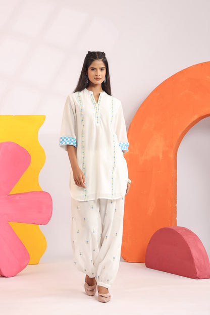 Blue Embroidery Harem Pants Mul Cotton Co-ord Set