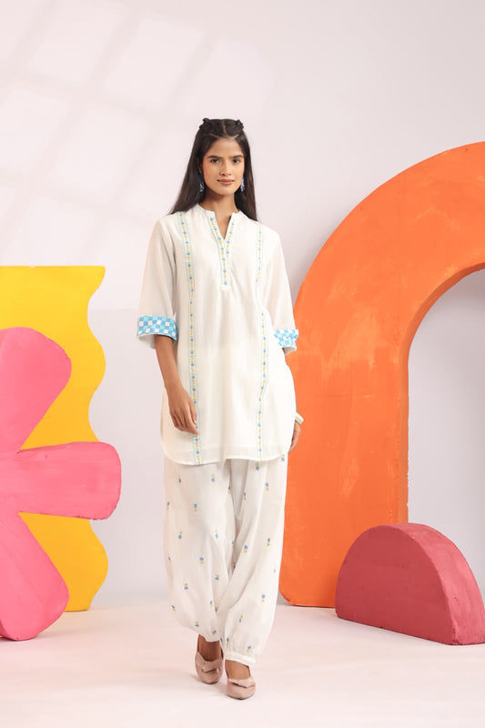 Blue Embroidery Harem Pants Mul Cotton Co-ord Set