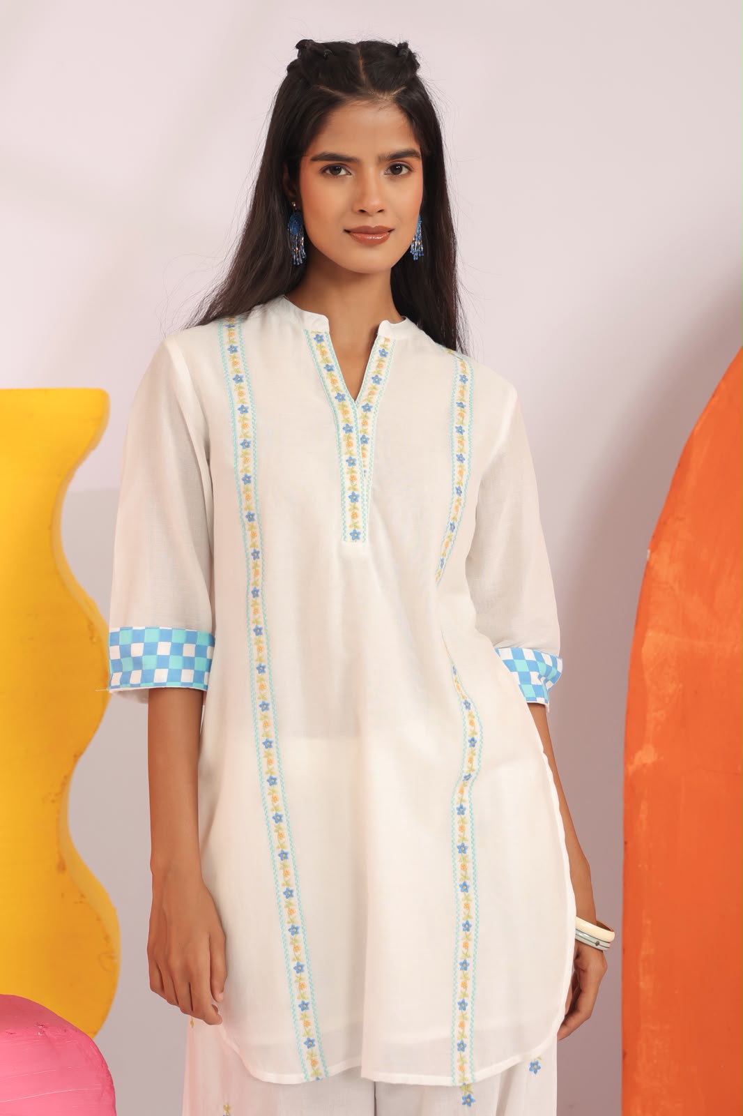 Blue Embroidery Harem Pants Mul Cotton Co-ord Set