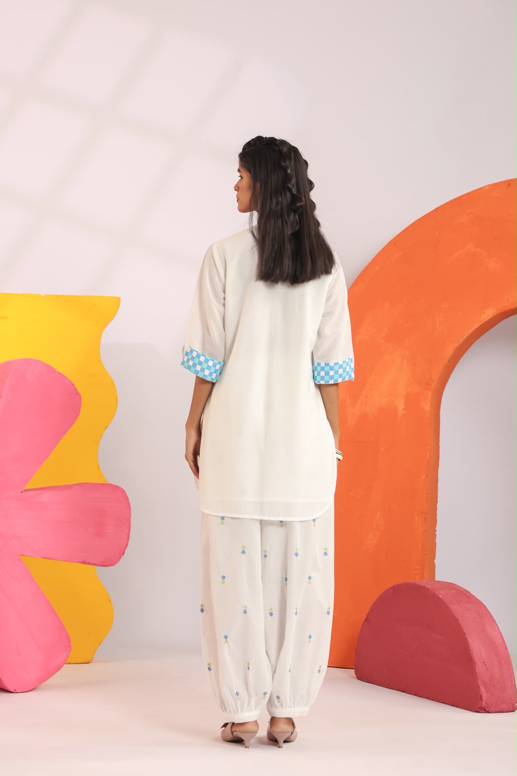 Blue Embroidery Harem Pants Mul Cotton Co-ord Set