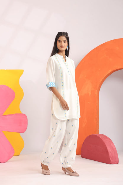 Blue Embroidery Harem Pants Mul Cotton Co-ord Set