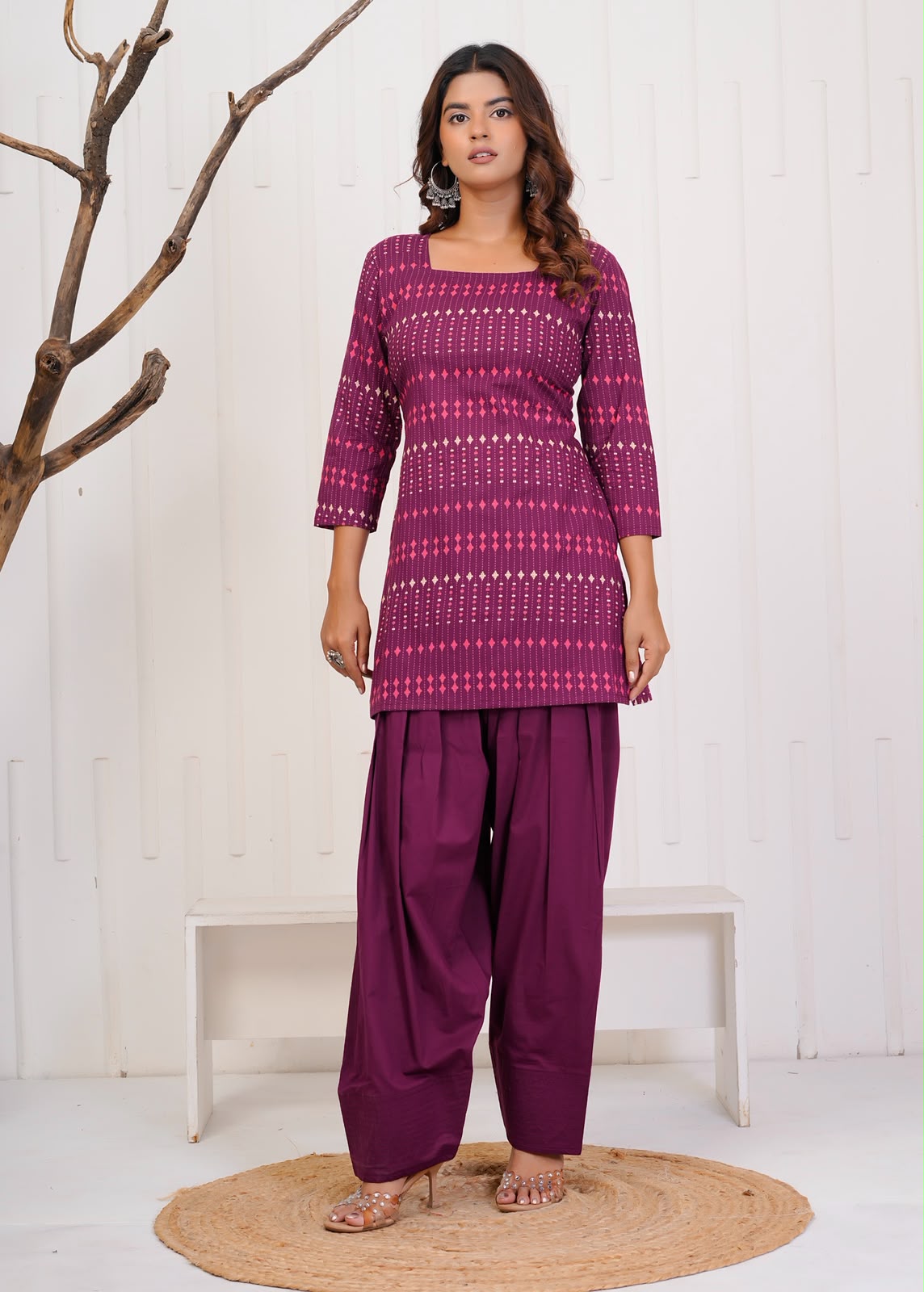 Wine Diamond Stripes Cotton Farsi Co-ord Set