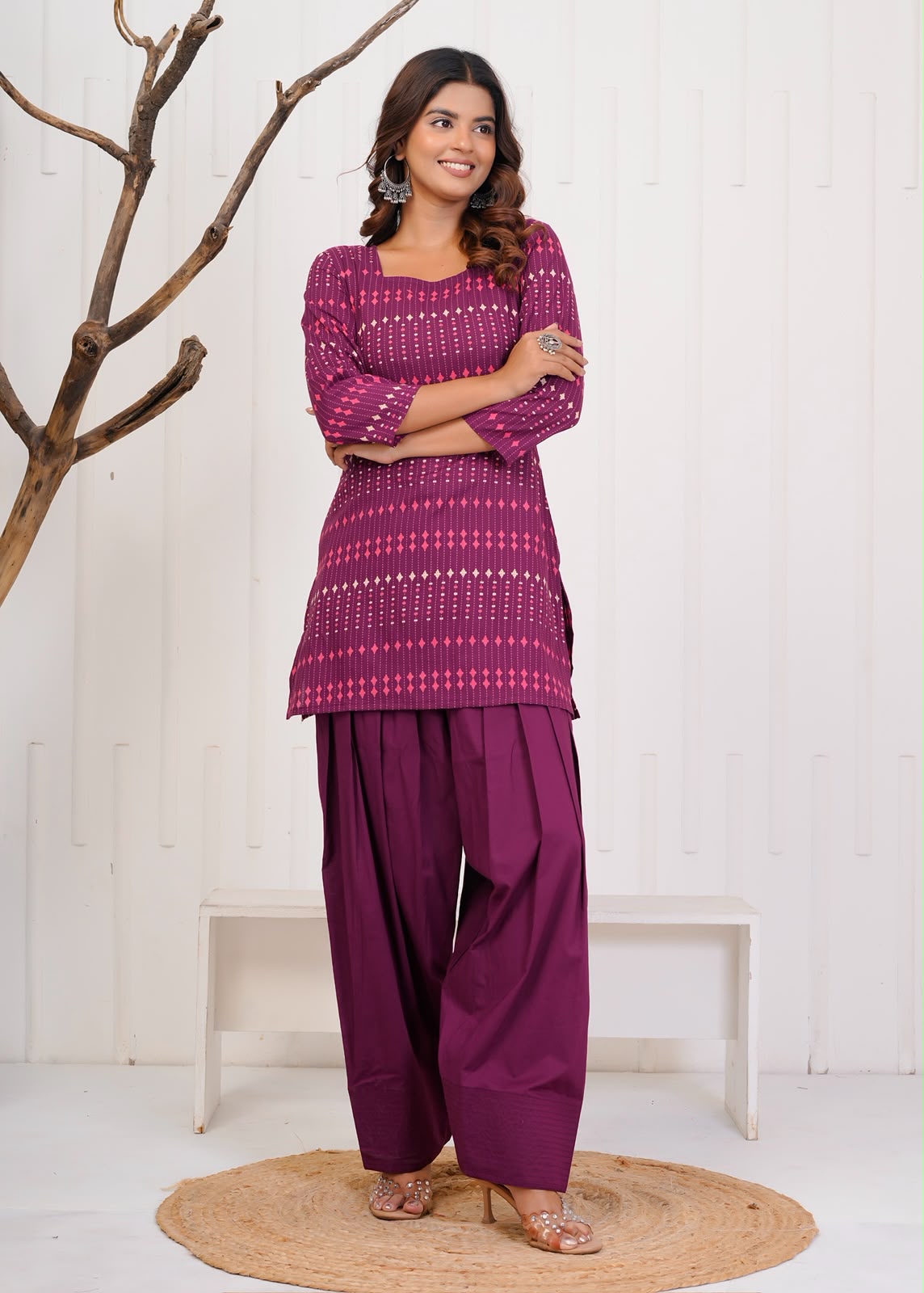 Wine Diamond Stripes Cotton Farsi Co-ord Set