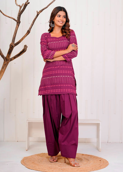 Wine Diamond Stripes Cotton Farsi Co-ord Set