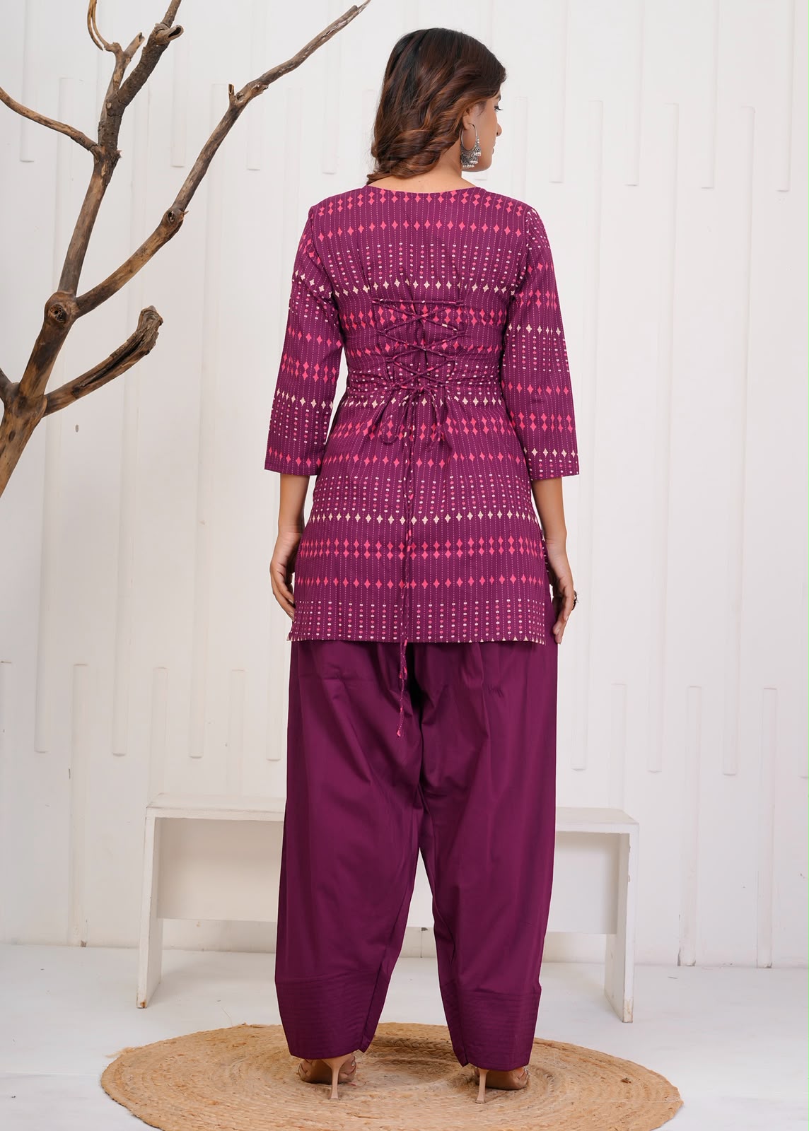 Wine Diamond Stripes Cotton Farsi Co-ord Set
