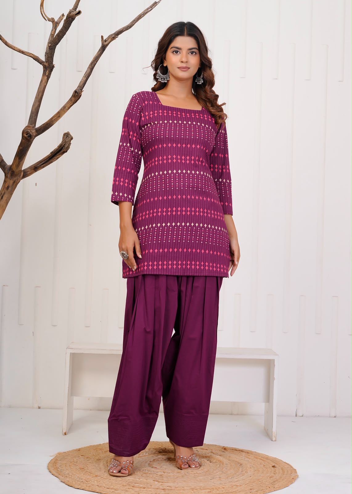 Wine Diamond Stripes Cotton Farsi Co-ord Set