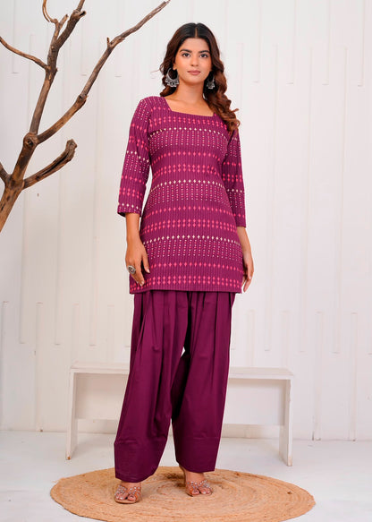 Wine Diamond Stripes Cotton Farsi Co-ord Set