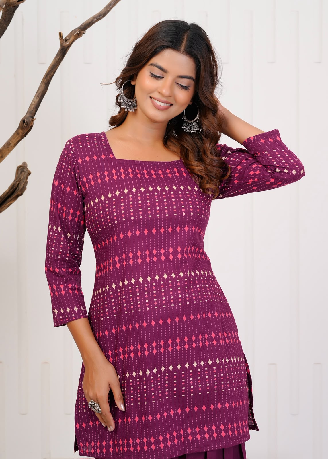 Wine Diamond Stripes Cotton Farsi Co-ord Set