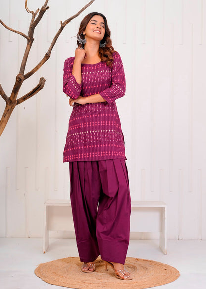 Wine Diamond Stripes Cotton Farsi Co-ord Set