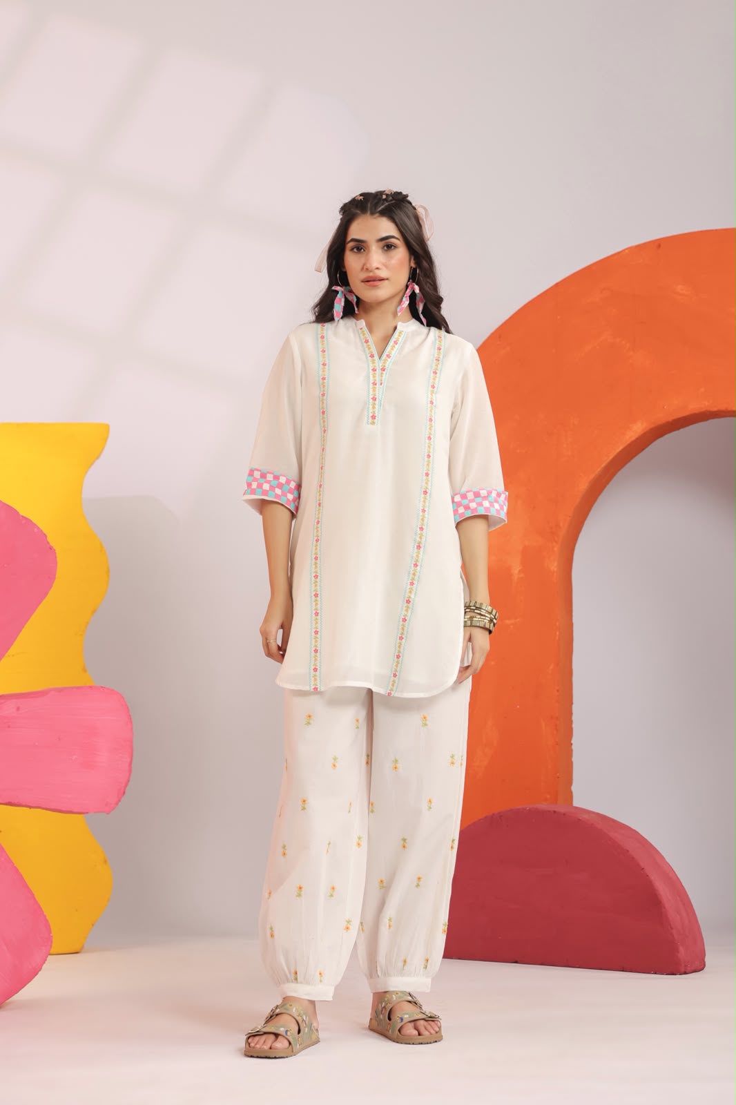 Pink Embroidery Mul Cotton Harem Pants Co-ord Set