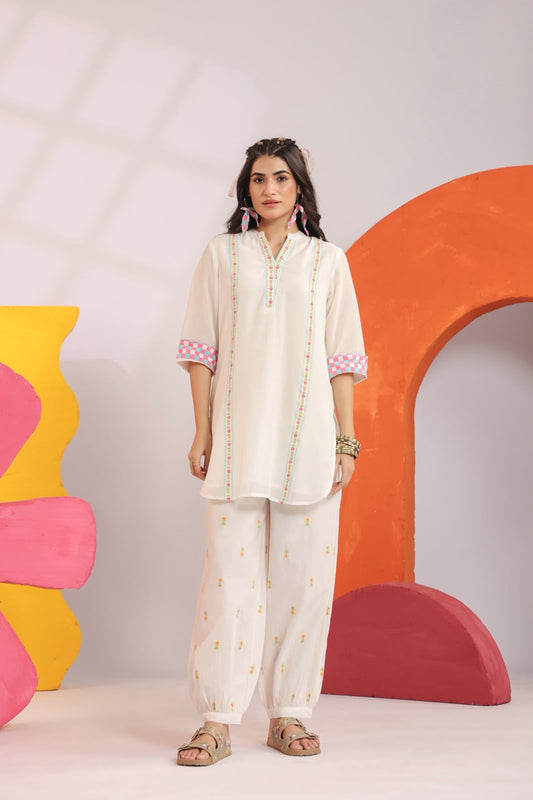 Pink Embroidery Mul Cotton Harem Pants Co-ord Set