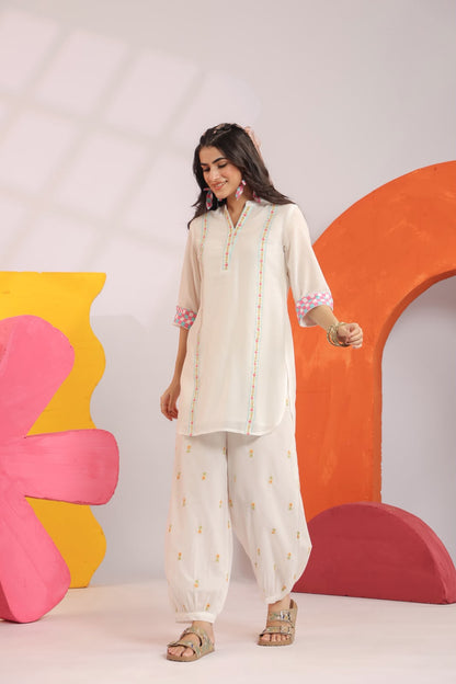 Pink Embroidery Mul Cotton Harem Pants Co-ord Set