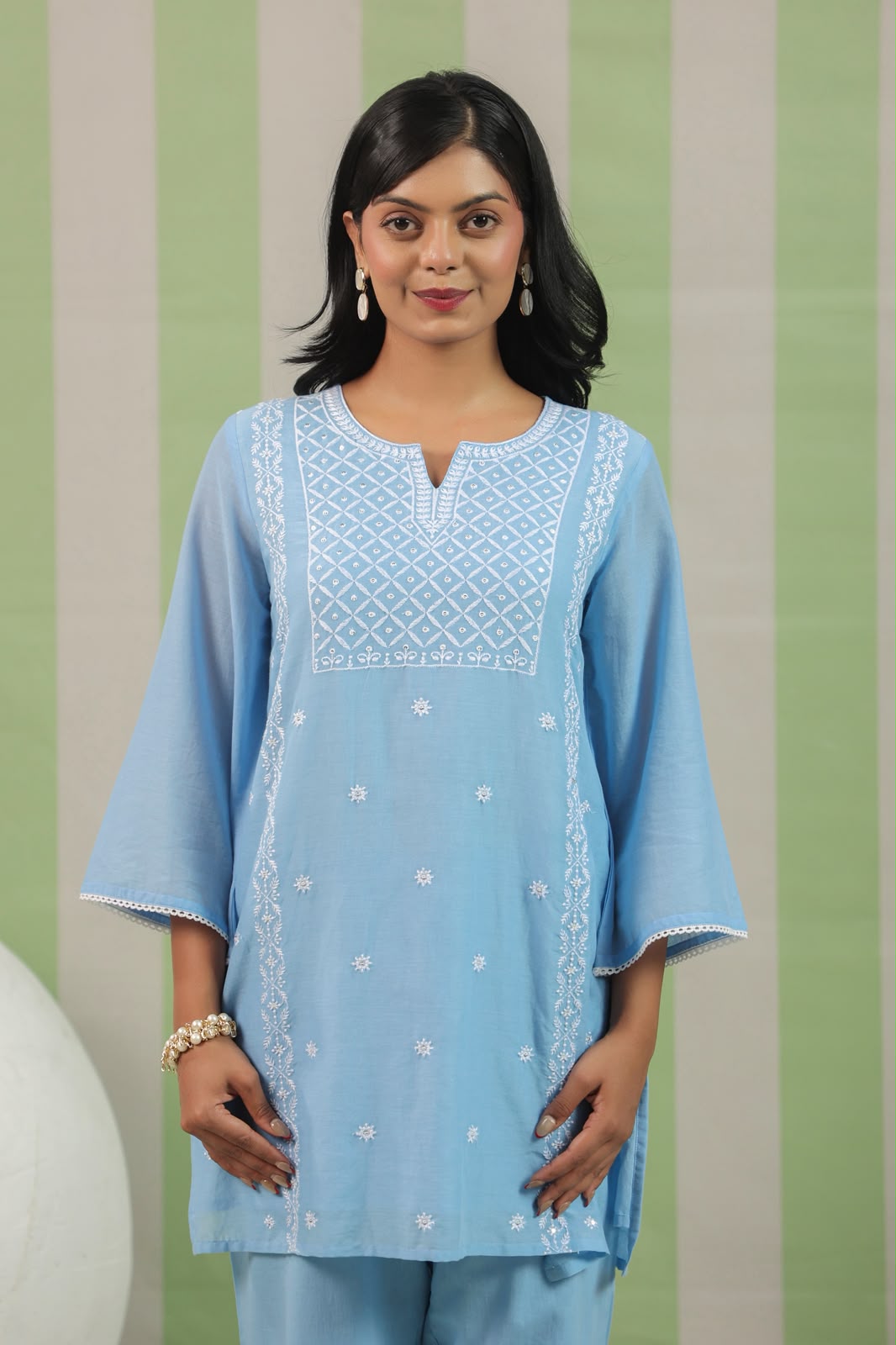 Powder Blue Embroidery Mul Cotton Co-ord Set