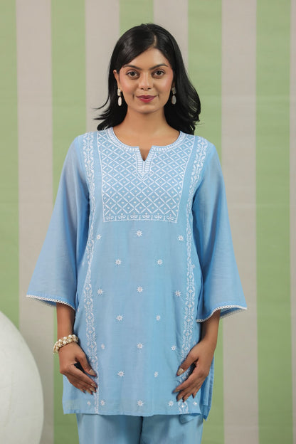 Powder Blue Embroidery Mul Cotton Co-ord Set