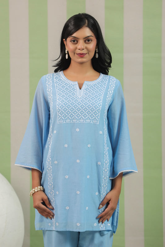 Powder Blue Embroidery Mul Cotton Co-ord Set