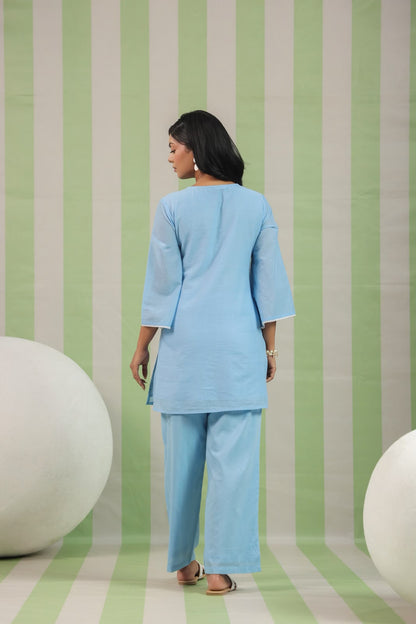 Powder Blue Embroidery Mul Cotton Co-ord Set