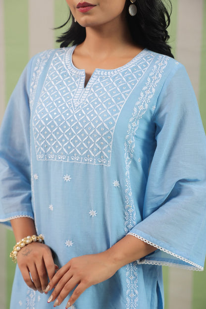 Powder Blue Embroidery Mul Cotton Co-ord Set