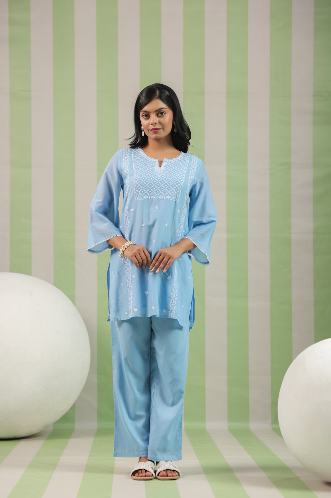 Powder Blue Embroidery Mul Cotton Co-ord Set