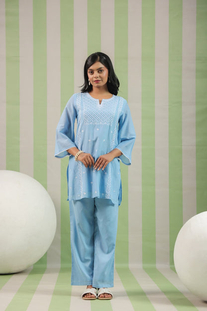 Powder Blue Embroidery Mul Cotton Co-ord Set