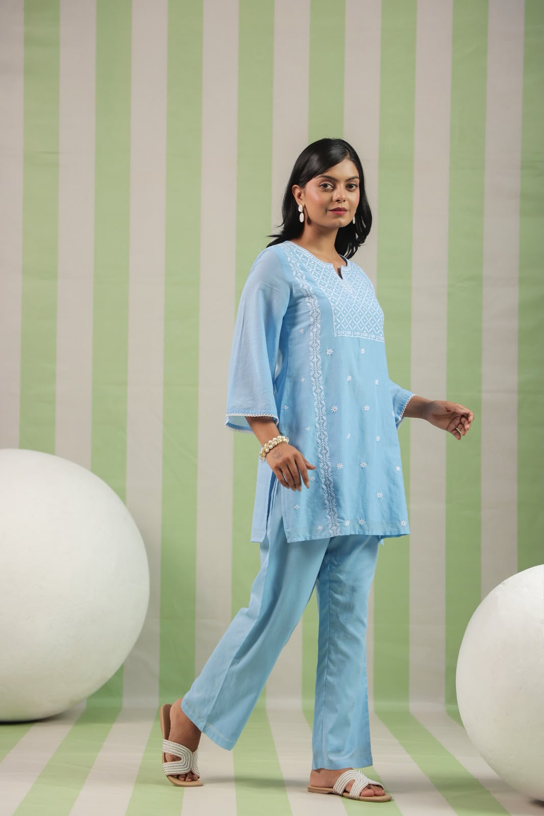 Powder Blue Embroidery Mul Cotton Co-ord Set