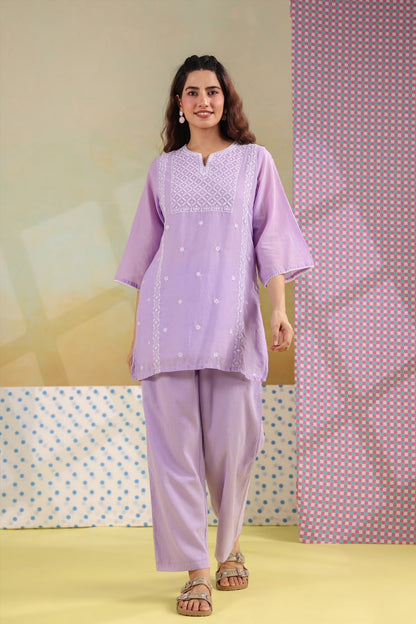 Lilac Embroidery Mul Cotton Co-ord Set