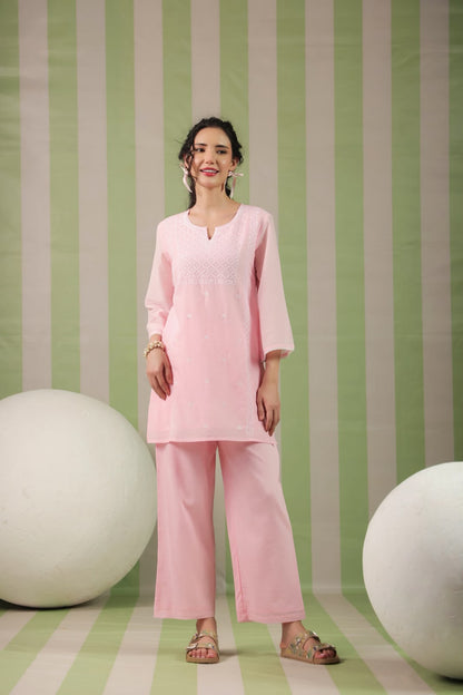 Baby Pink Embroidery Mul Cotton Co-ord Set