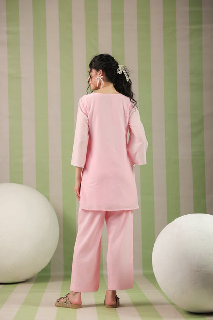Baby Pink Embroidery Mul Cotton Co-ord Set