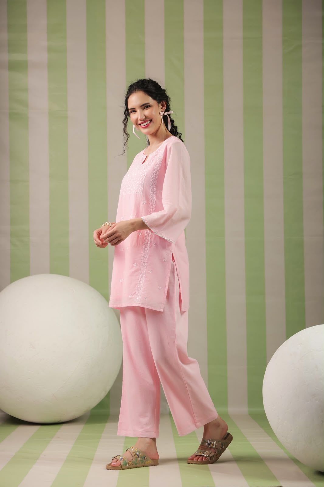 Baby Pink Embroidery Mul Cotton Co-ord Set