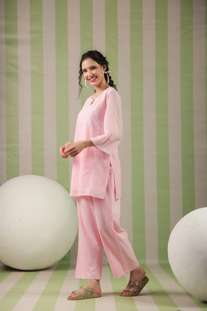 Baby Pink Embroidery Mul Cotton Co-ord Set