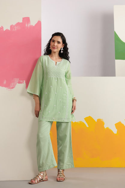 Pista Green Embroidery Mul Cotton Co-ord Set