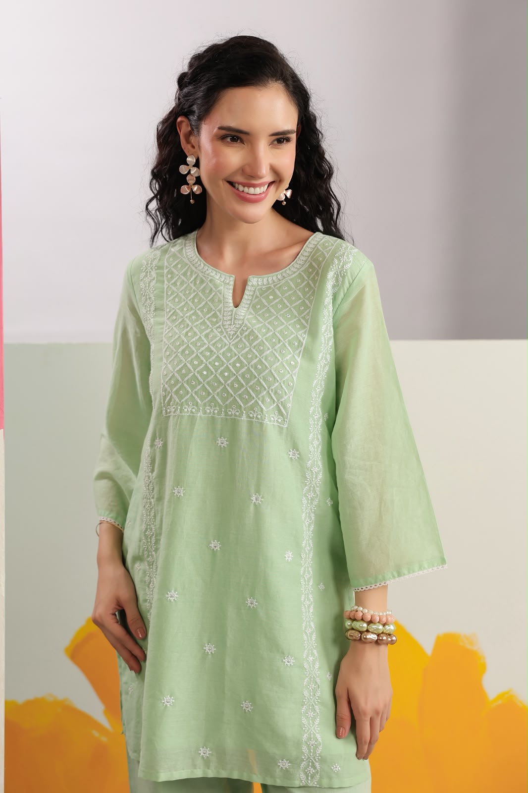 Pista Green Embroidery Mul Cotton Co-ord Set