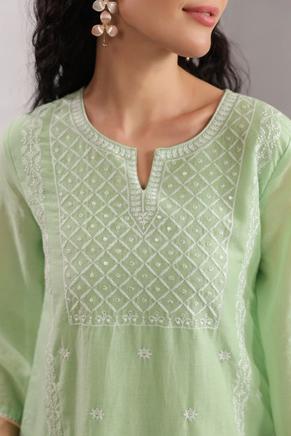 Pista Green Embroidery Mul Cotton Co-ord Set