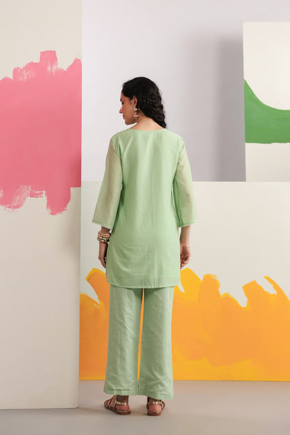 Pista Green Embroidery Mul Cotton Co-ord Set