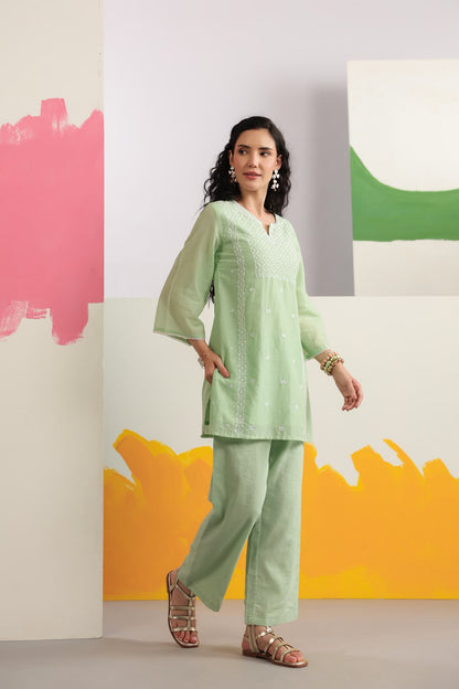 Pista Green Embroidery Mul Cotton Co-ord Set