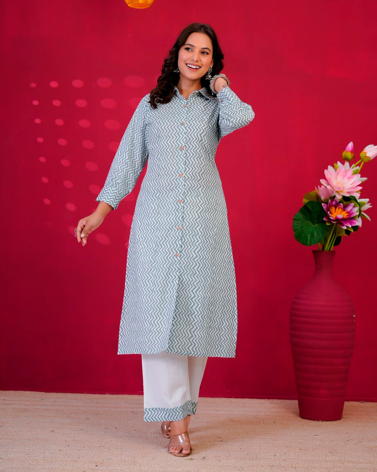 Gray ZigZag Everyday Kurta Coord Set