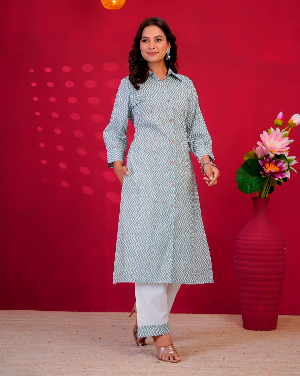 Gray ZigZag Everyday Kurta Coord Set