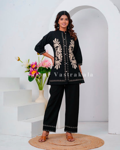 Black Meadow Embroidery Cotton Flex Co-ord Set