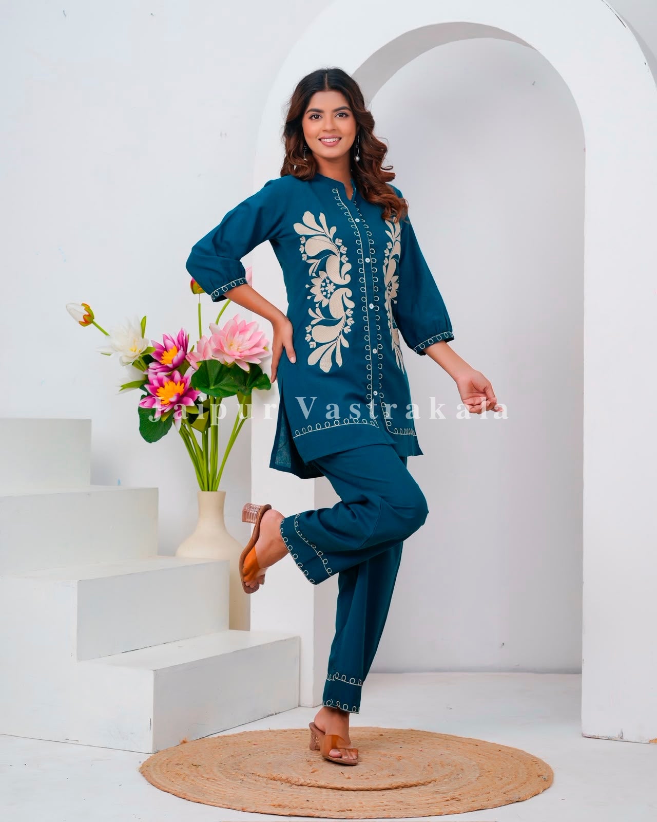 Blue Meadow Embroidery Cotton Flex Co-ord Set