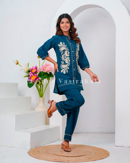 Blue Meadow Embroidery Cotton Flex Co-ord Set