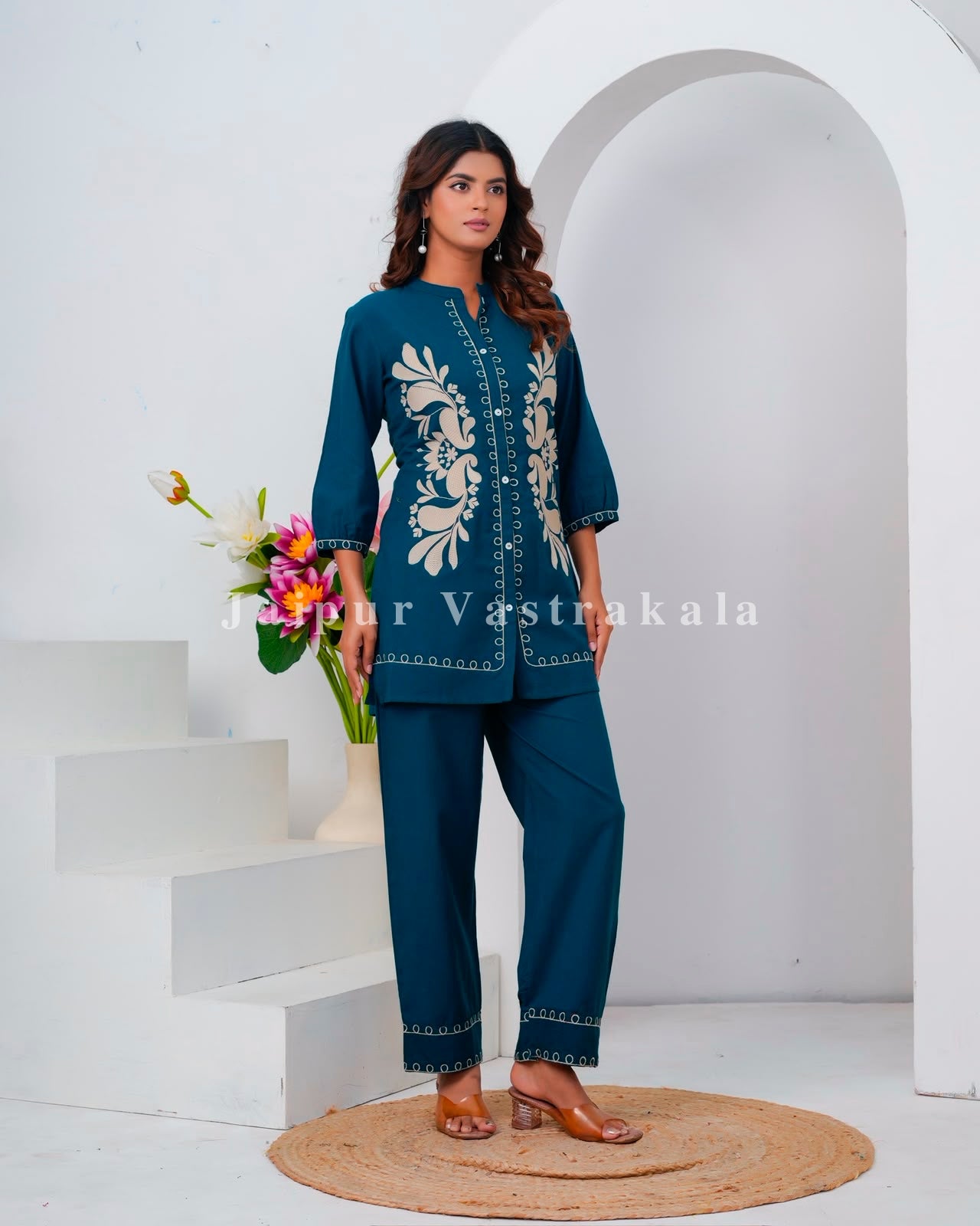 Blue Meadow Embroidery Cotton Flex Co-ord Set