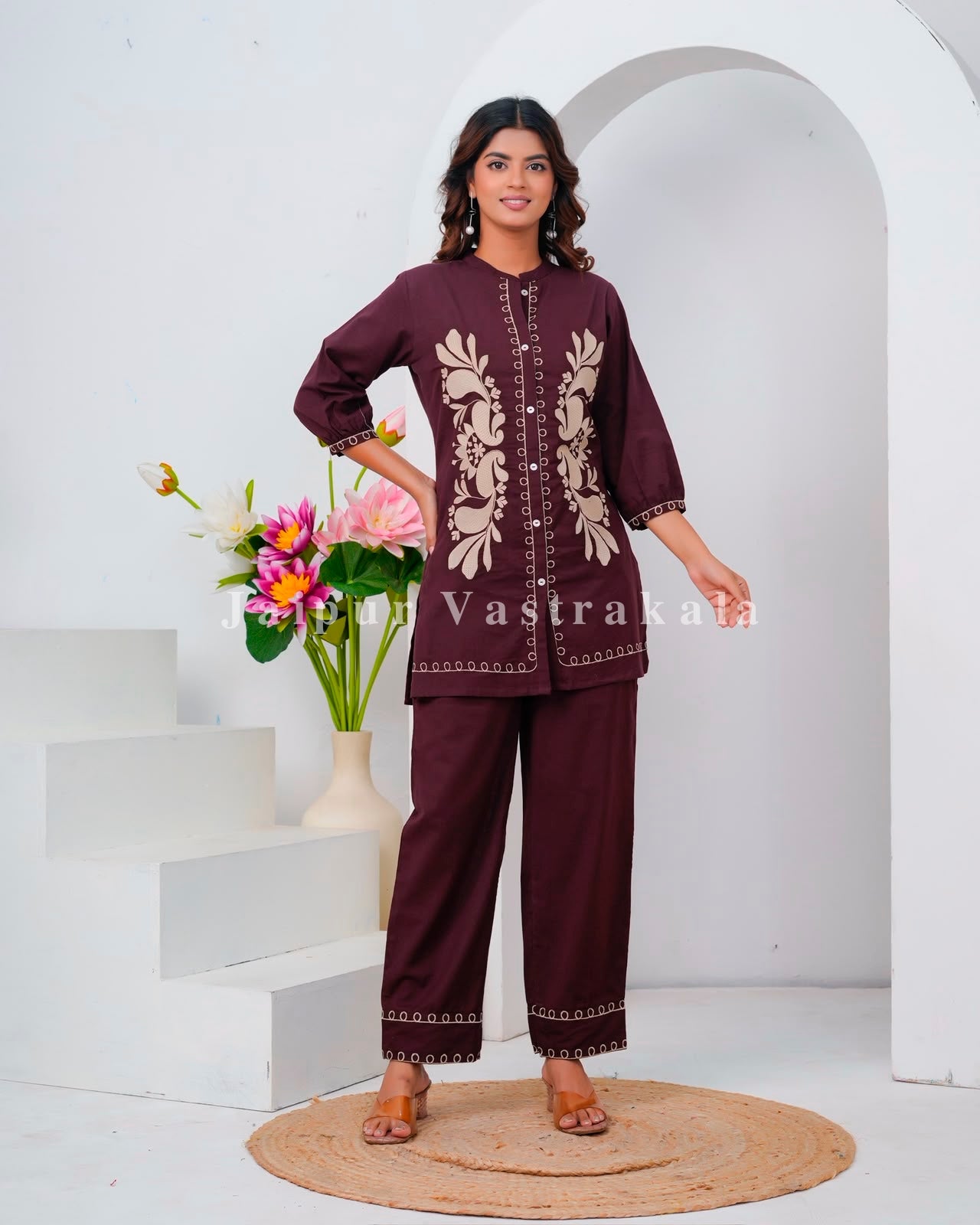 Burgundy Meadow Embroidery Cotton Flex Co-ord Set