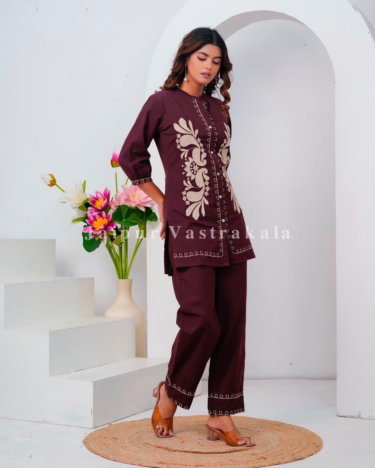 Burgundy Meadow Embroidery Cotton Flex Co-ord Set