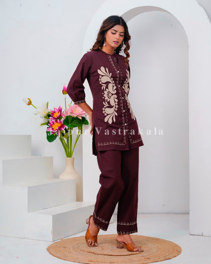 Burgundy Meadow Embroidery Cotton Flex Co-ord Set