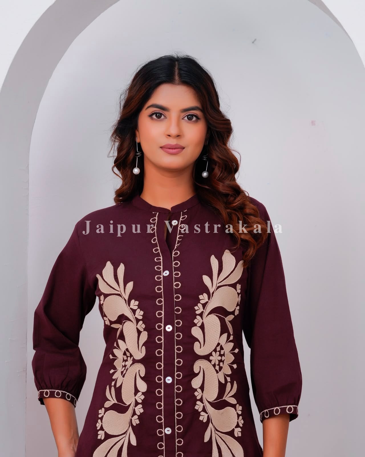 Burgundy Meadow Embroidery Cotton Flex Co-ord Set