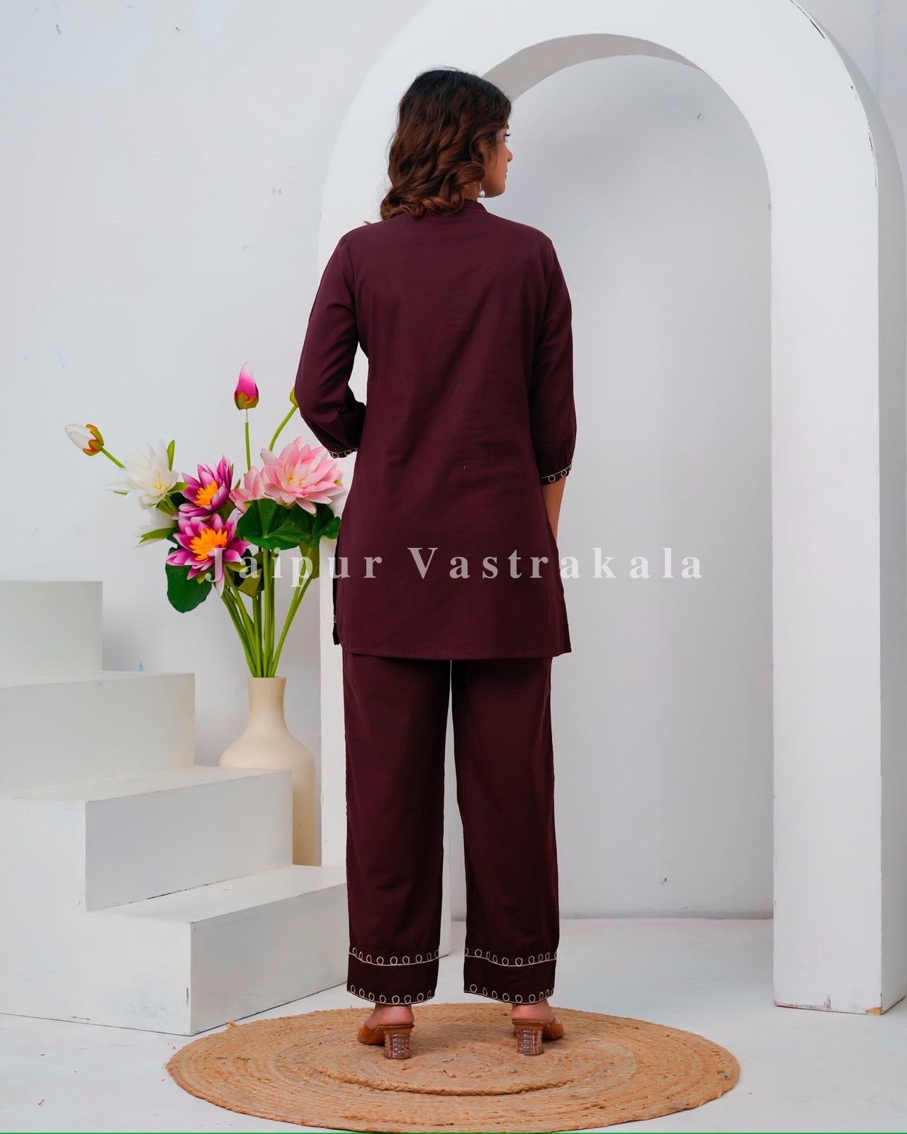 Burgundy Meadow Embroidery Cotton Flex Co-ord Set