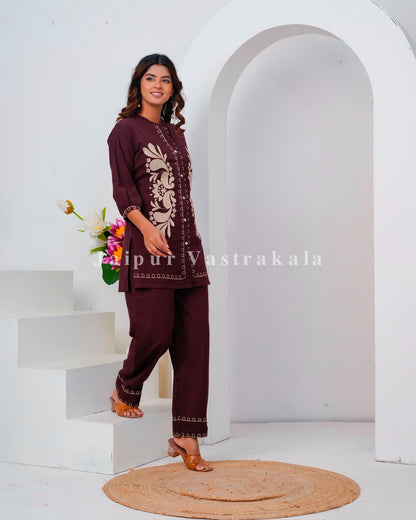 Burgundy Meadow Embroidery Cotton Flex Co-ord Set